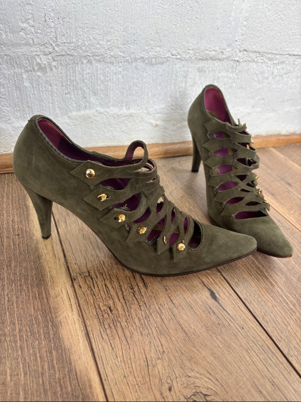 Etro Cage 1980s Leather Suede Olive Green Lace-Up Cage Stiletto Heels sz 9 1/2 - Picture 2 of 13